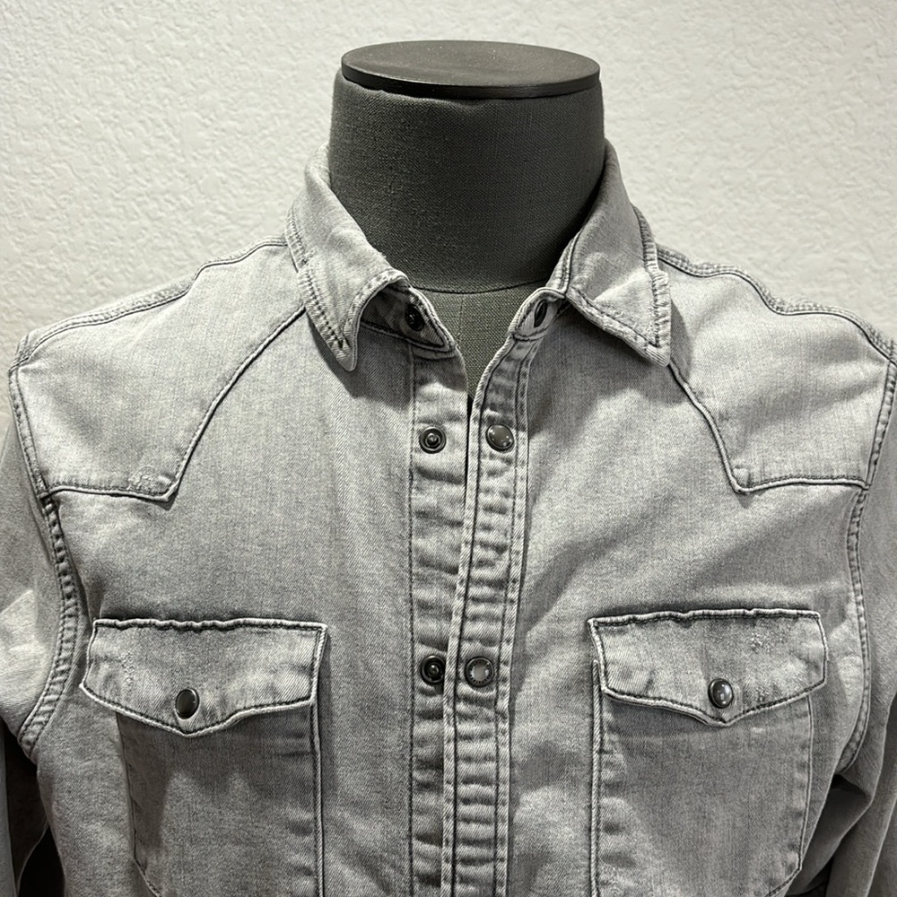 All Saints Gray Washed Denim Button-Down Shirt - Picture 2 of 6